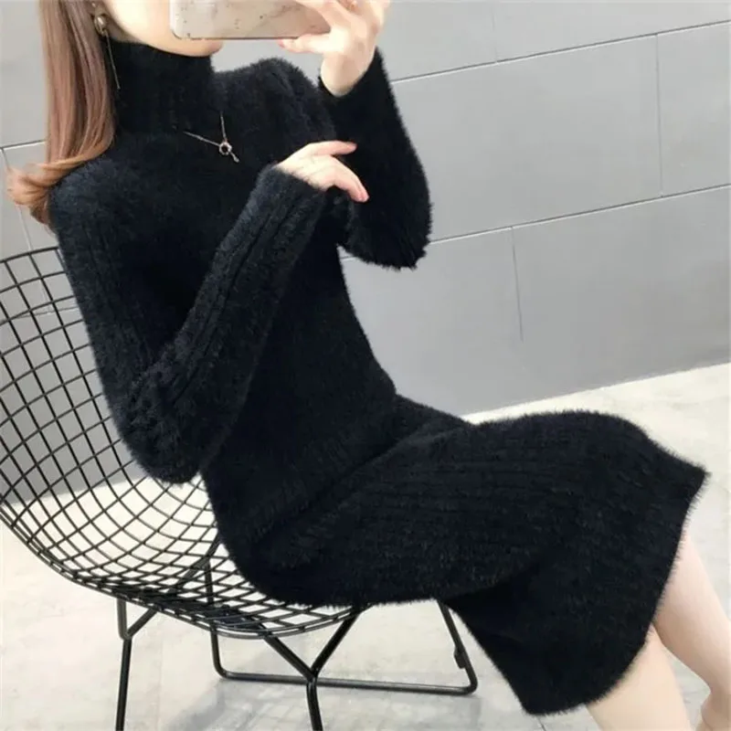 Autumn Knit Midi Dress Women Fashion Mink Fleece Turtleneck Pullover Sweater Elegant Slim Solid Office Lady All Match Base Dress