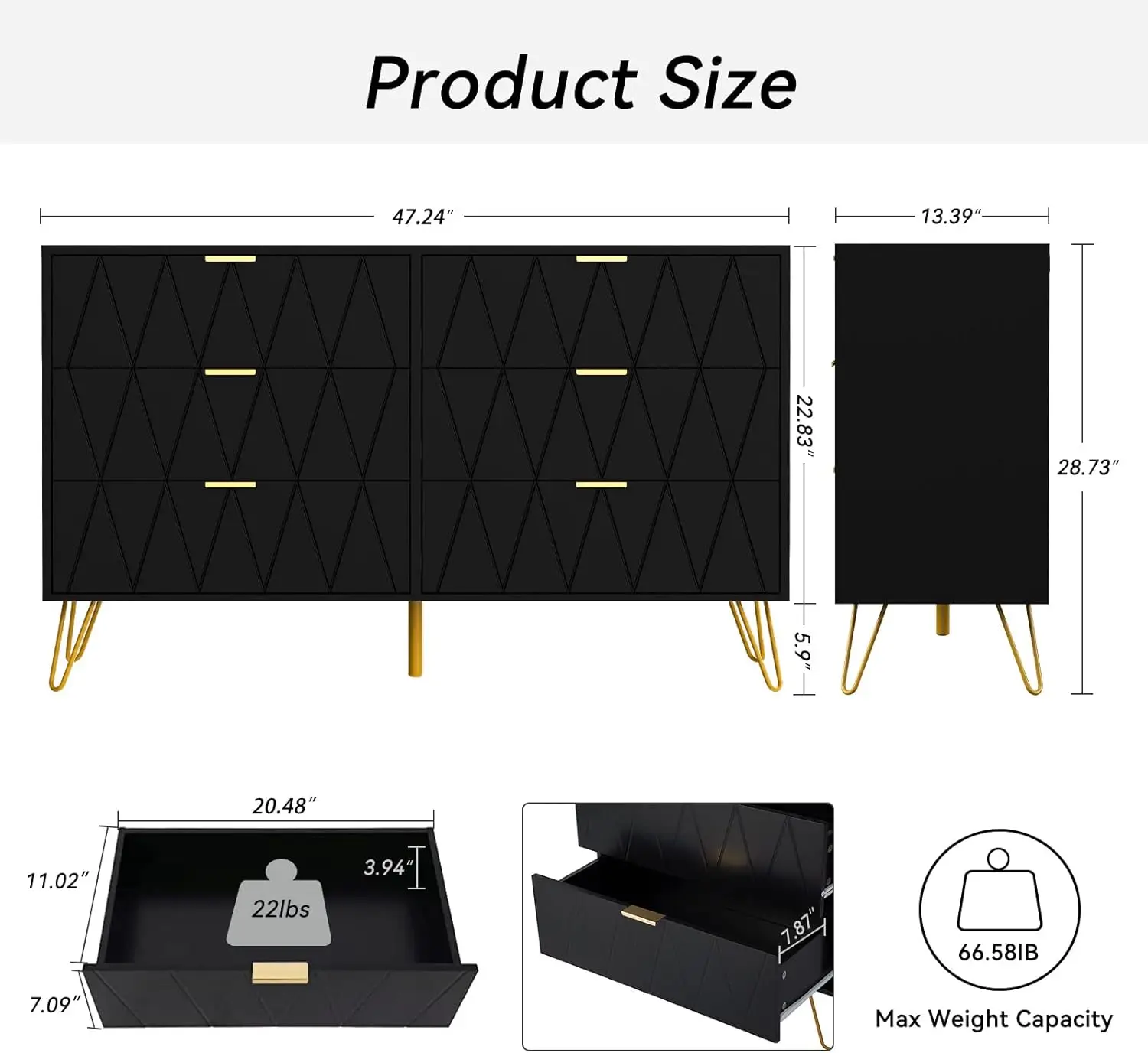 6-lade dressoir voor slaapkamer, wit dressoir met brede lades en metalen handgrepen, moderne dressoirkast voor slaapkamer, woonkamer