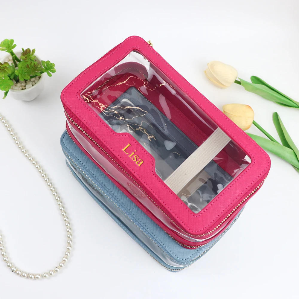 Kundenspezifischer Name aus PU-Leder + transparenter TPU-Kulturbeutel, tragbare Reise-Make-up-Tasche, wasserdichte Aufbewahrungstasche mit großem Fassungsvermögen – Detail 6