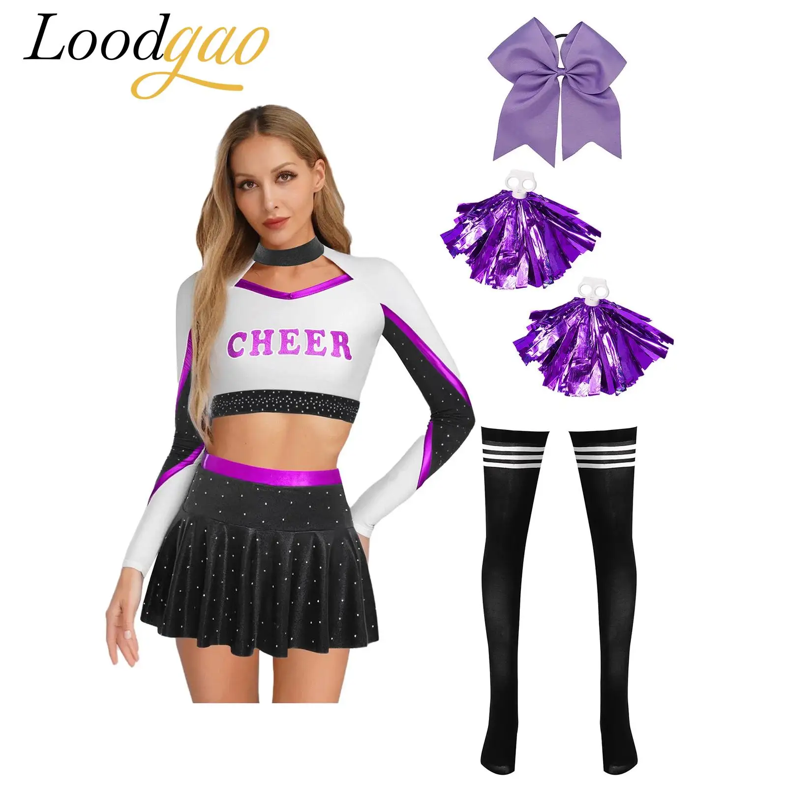 

Womens Cosplay Cheerleading Uniforms Crop Top Miniskirt Hairband Flower Balls Stockings Adults Cheerleader Shiny Dance Suit