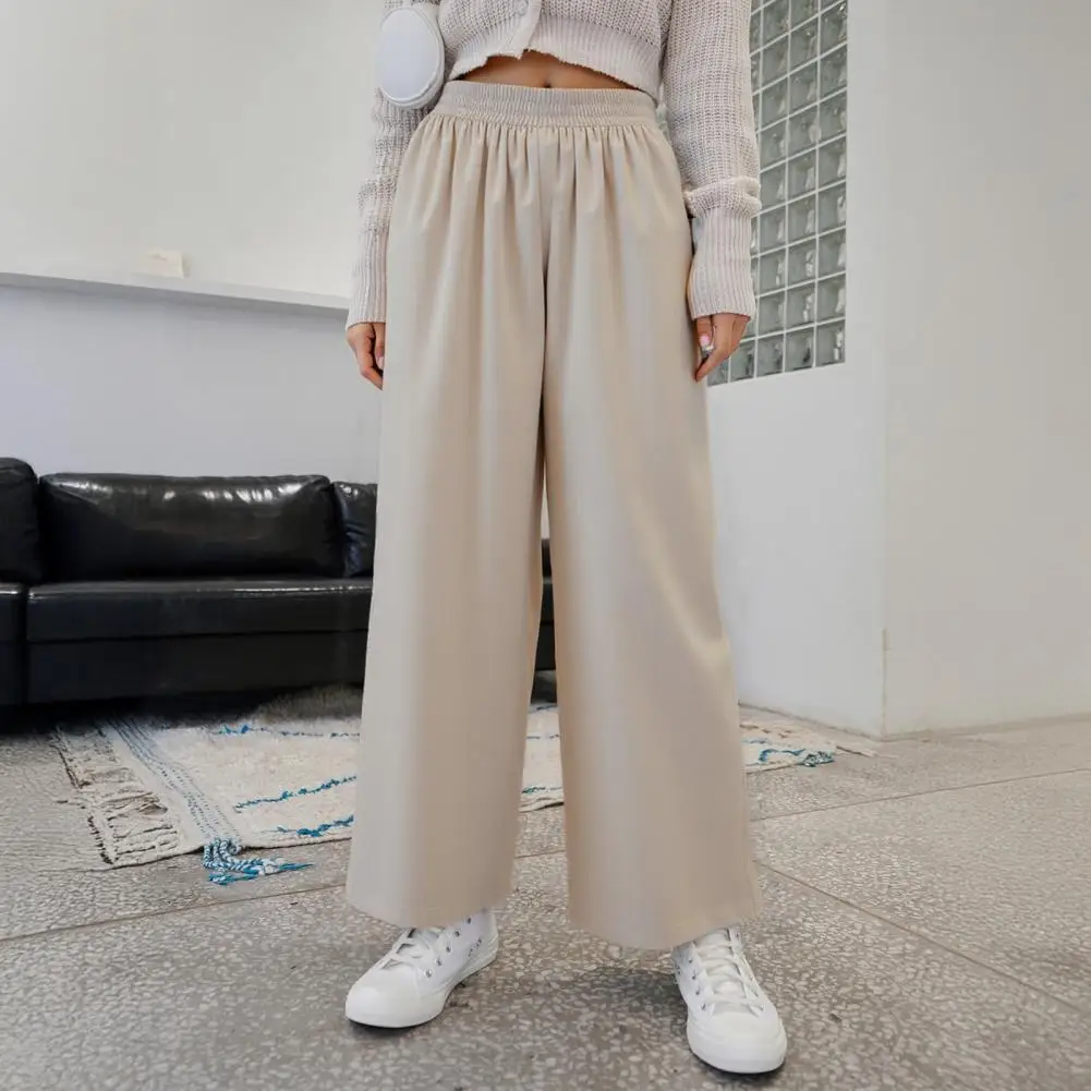 Women Cropped Pants Elastic High Waist Solid Color Wide Leg Trousers with Pockets Summer Thin Casual Pants Cropped Trousers
