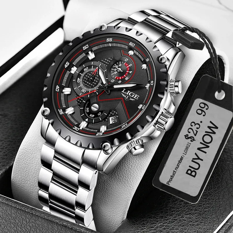 LIGE Fashion Man Watches Brand Luxury Stainless Steel Band Waterproof Auto Date Quartz Watch for Men Military Chronograph Clock