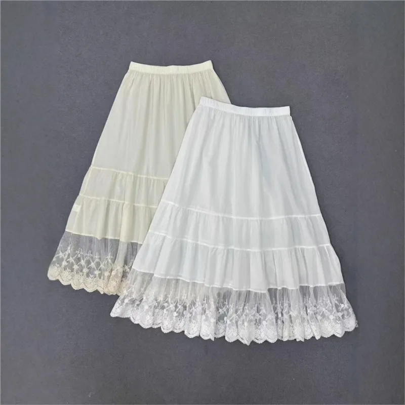 Johnature New Thin Sheer Layered Waist Elastic Half Skirt For Casual Forest Girl Lace Inner Women Cotton Skirts