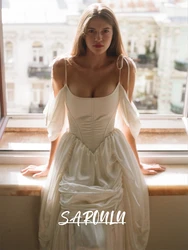 Modern Satin Wedding Dress Ballet Waistline Vintage Royal Style Custom Bridal Gown Spaghetti Straps Bride Dresses Off-shoulder