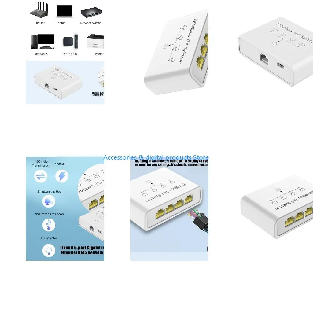 77JD 1 to 4 Gigabit Ethernet Adapter Hub Wire Divider For Multiple Devices Enduring