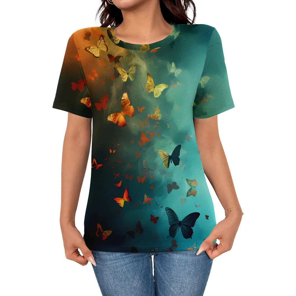 

Summer women go out for leisure, elegant and simple butterfly 3D printed short sleeved top, fashionable T-shirt top for girls