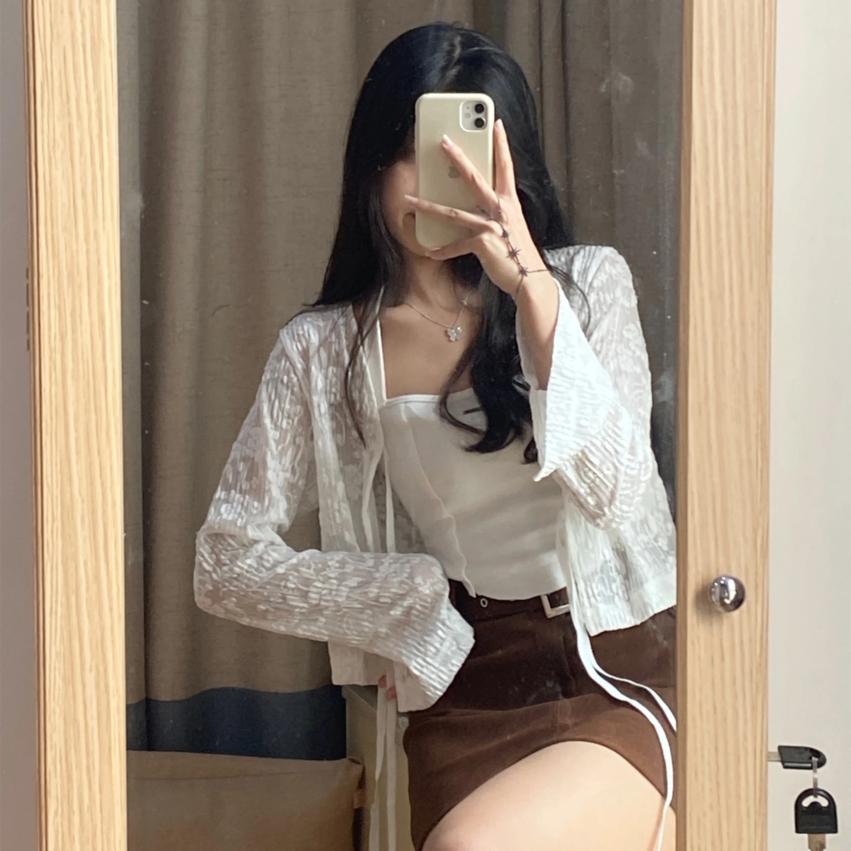 

Легкий кружевной кардиган-накидка для женщин, летняя солнцезащитная накидка с длинным рукавом, круглым вырезом, из тюлевой ткани, блузка