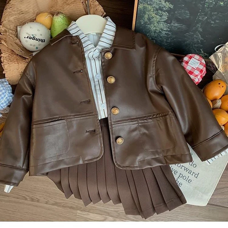 Autumn Spring  Winter Vintage Fur Coat Girl Stripe Shirt+Pleated Short Skirt 3Pcs  Set Kids Jackets Princess Children Outfits