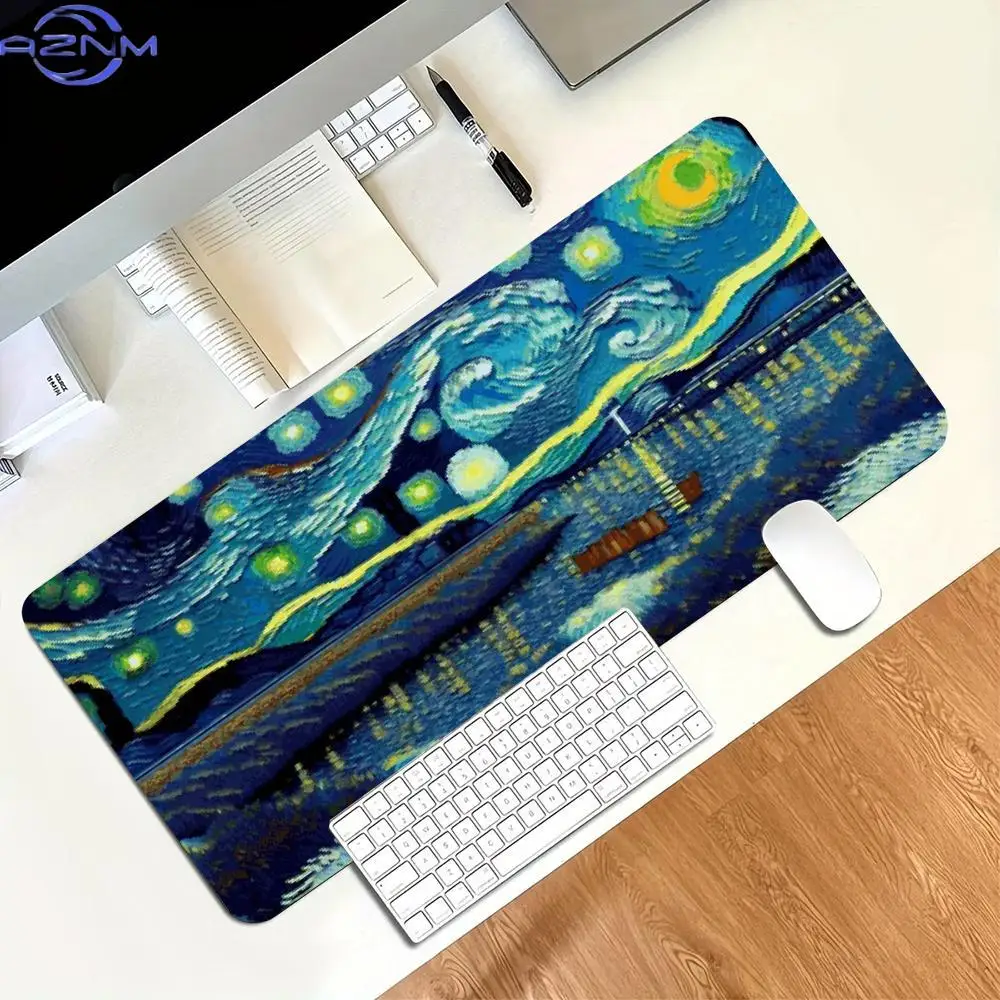 Van Gogh Starry Night Print Large Desk Mat Non Slip Gaming MousePad Stitched Edge Art Keyboard Mat for Laptop PC Office Game Use