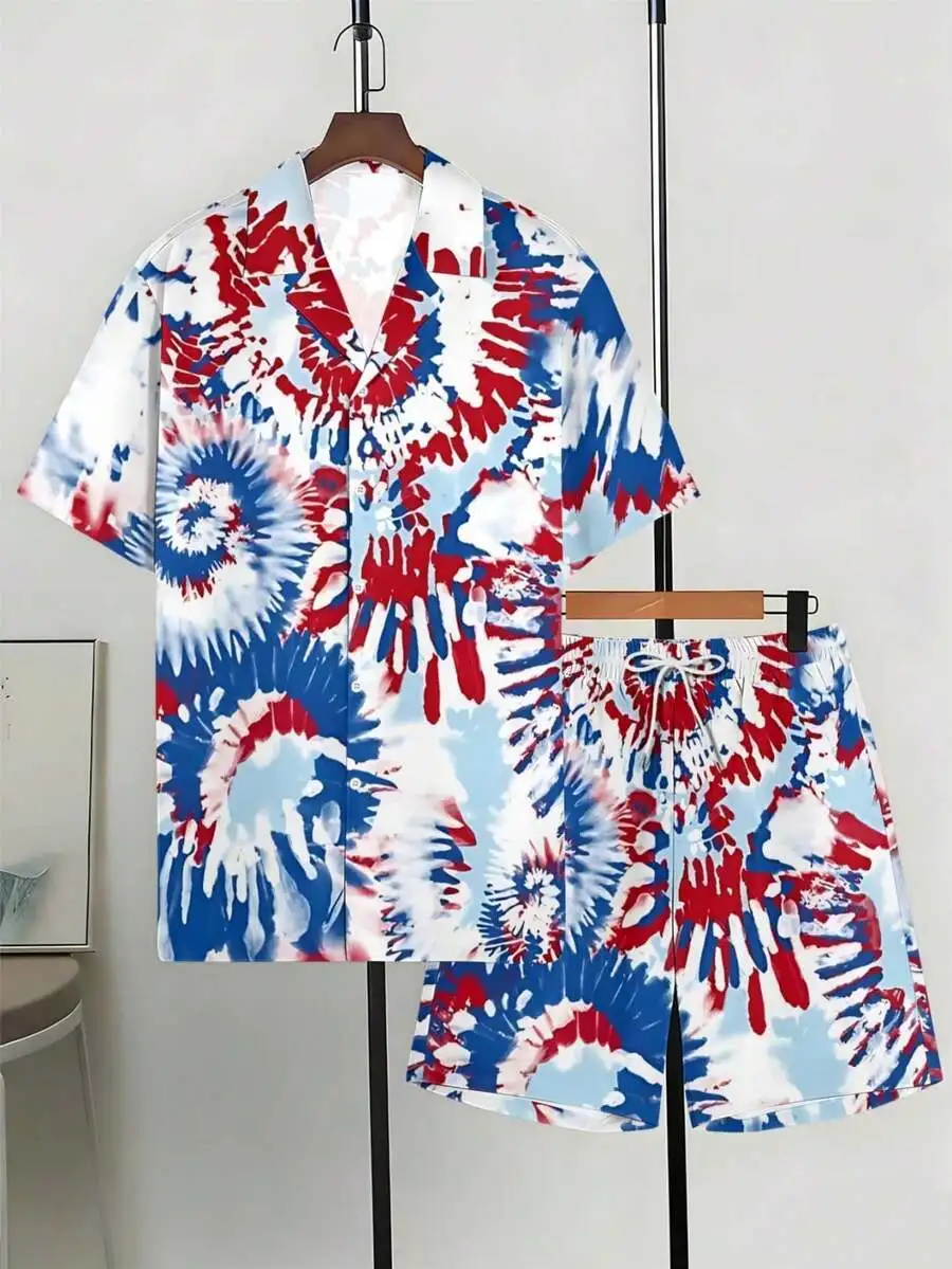 

Red Blue White Tie-Dye Spiral Print Mens Shirt And Shorts Set Lapel Pocket Polyester Lightweight Casual