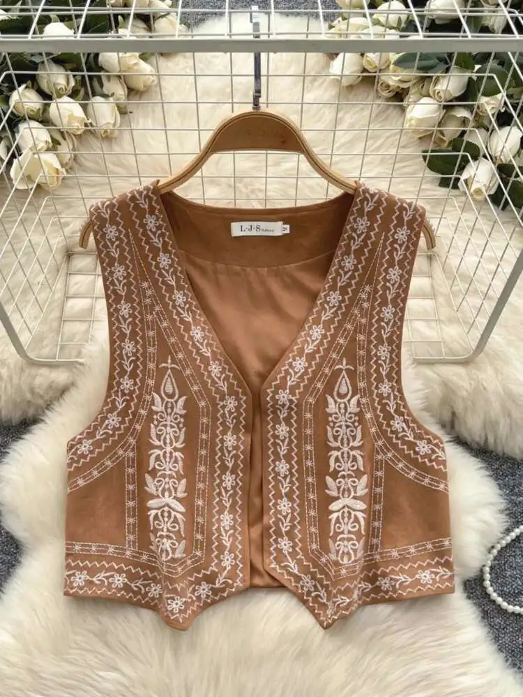 

Bohemian Style Retro Shirt Women Sleeveless Vest Tops Female Spring Autumn Embroidery Suede Top Shirts