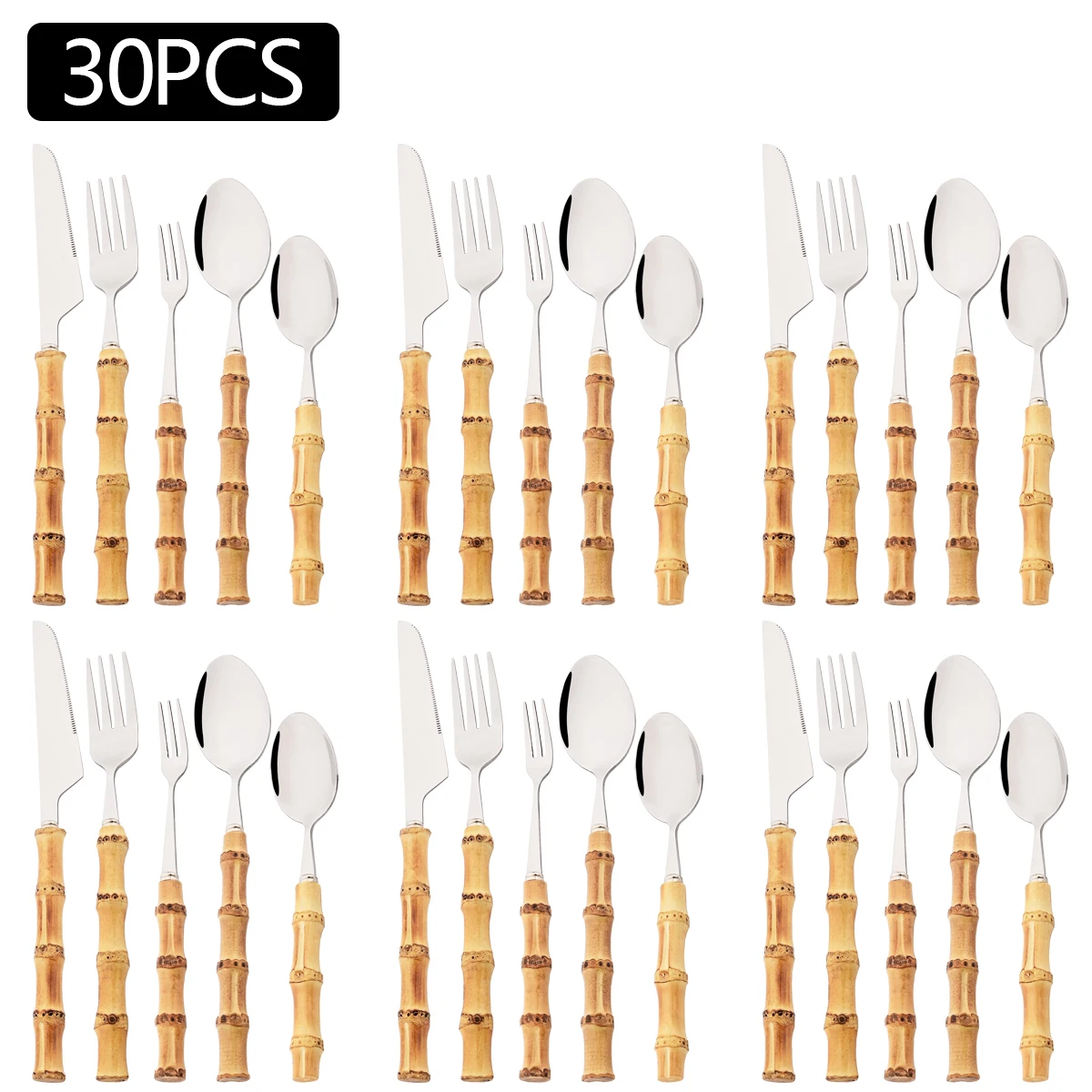 

30pcs Knife Fork Coffee Spoon Cutlery Set Bamboo Handle Dinnerware Set Mirror Stainless Steel Flatware Western Kitchen Tableware
