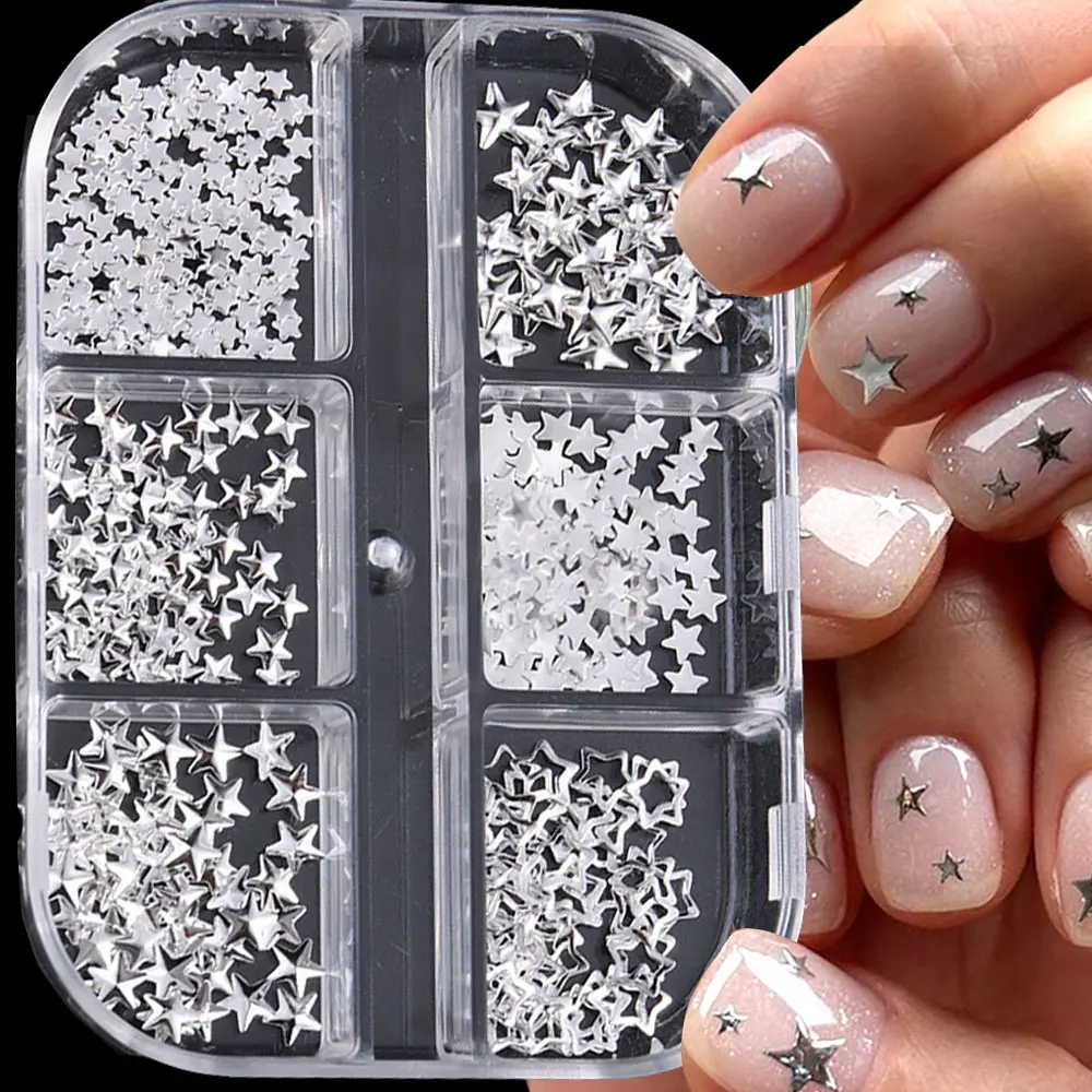 6Girds 골드 실버 스타/보우 네일 아트 참 반구형 진주 투명 라인스톤 네일 젬스 속이 빈 별 네일 리벳 스터드 장식