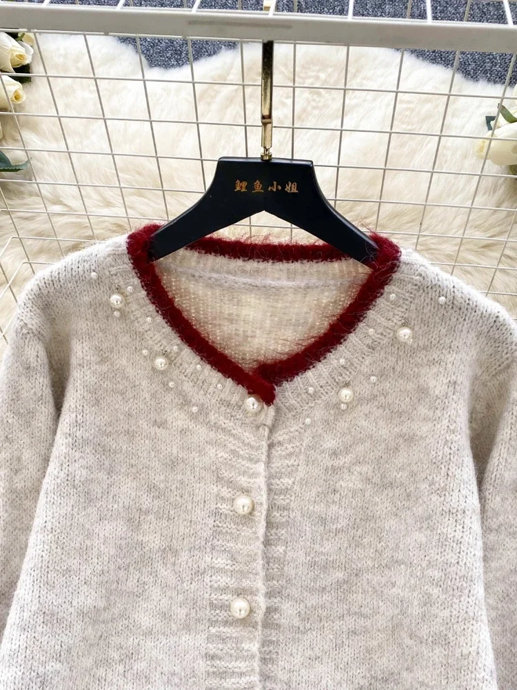 Kardigan Rajut Wanita Model O-Neck Mutiara Vintage, Pakaian Musim Gugur, Fashion Korea, Sweater Kancing Tunggal, Atasan Wanita