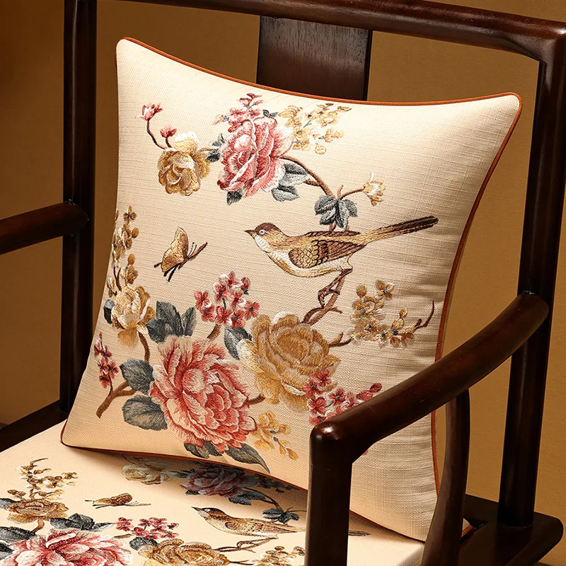 Veemi Home Linen Cushion Cover Spring Birds Embroidery Oriental Luxury Upmarket Pillowcase For Couch Sofa Bed 18x18Inch