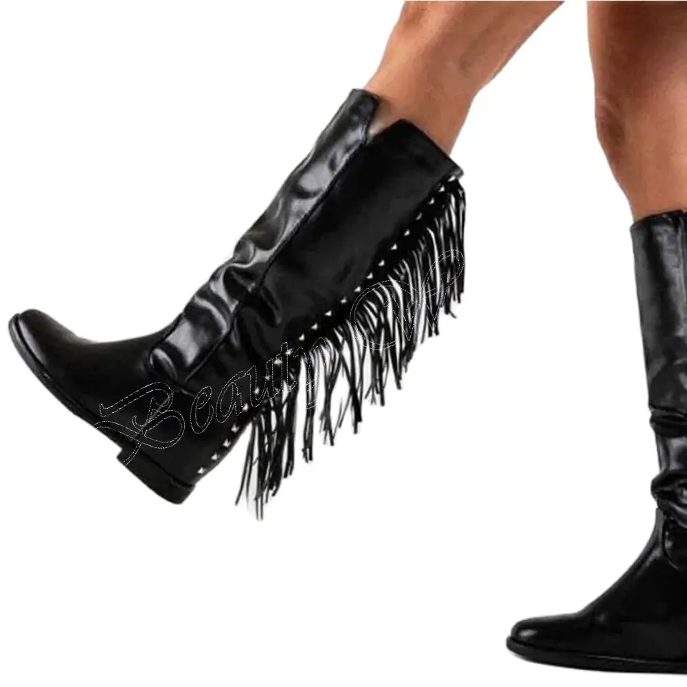 Black Back Fringe Decor Mid Calf Boots Flat Heel Pointed Toe Shoes for Women Pleated Runway High Heels 2023 Zapatillas Mujer