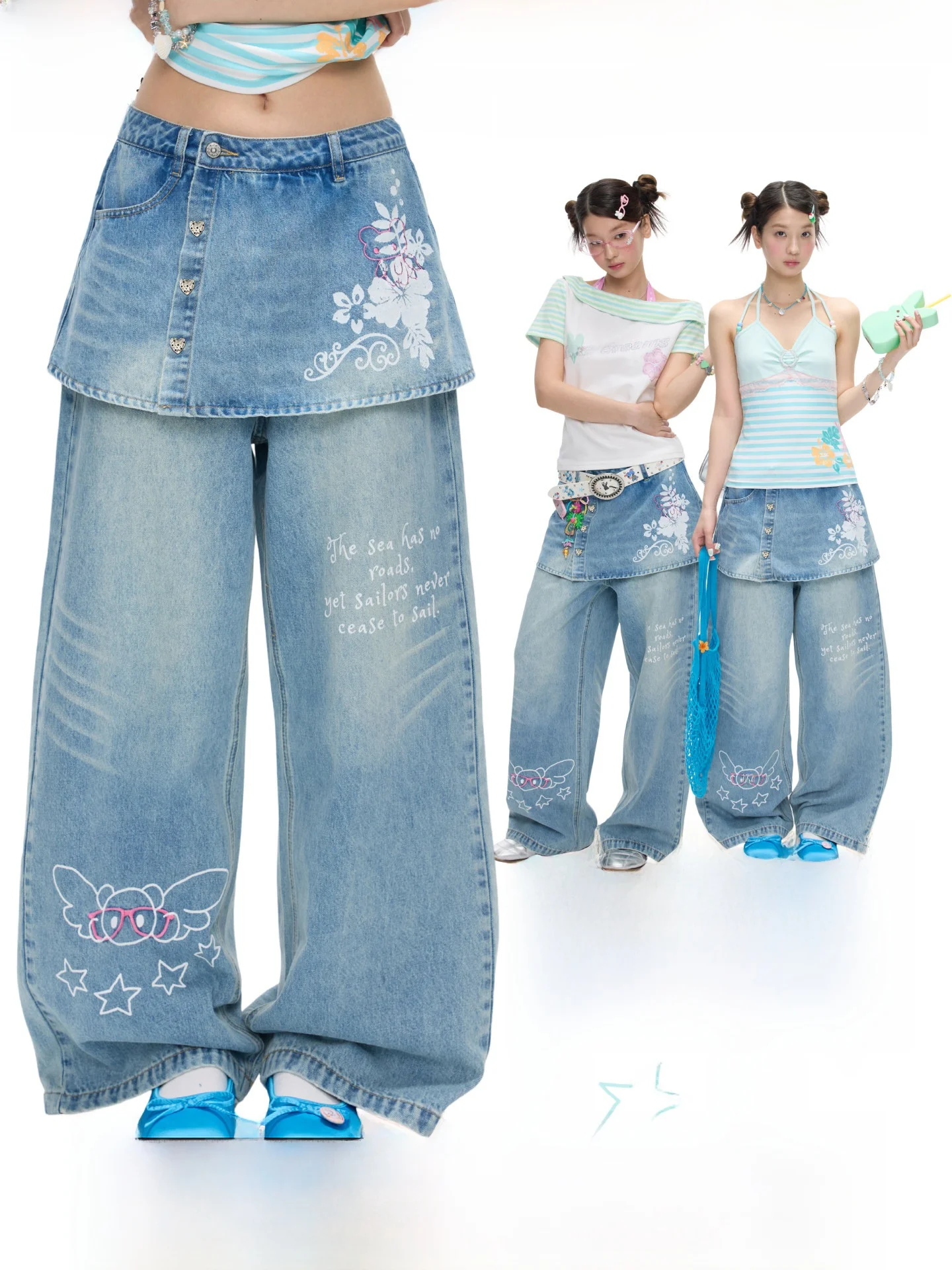 Slimming Washed Blue Denim Skirt Pants Summer Season Ladies Comfortable Natural Waist Loose Fit Printed Pattern Betweenand