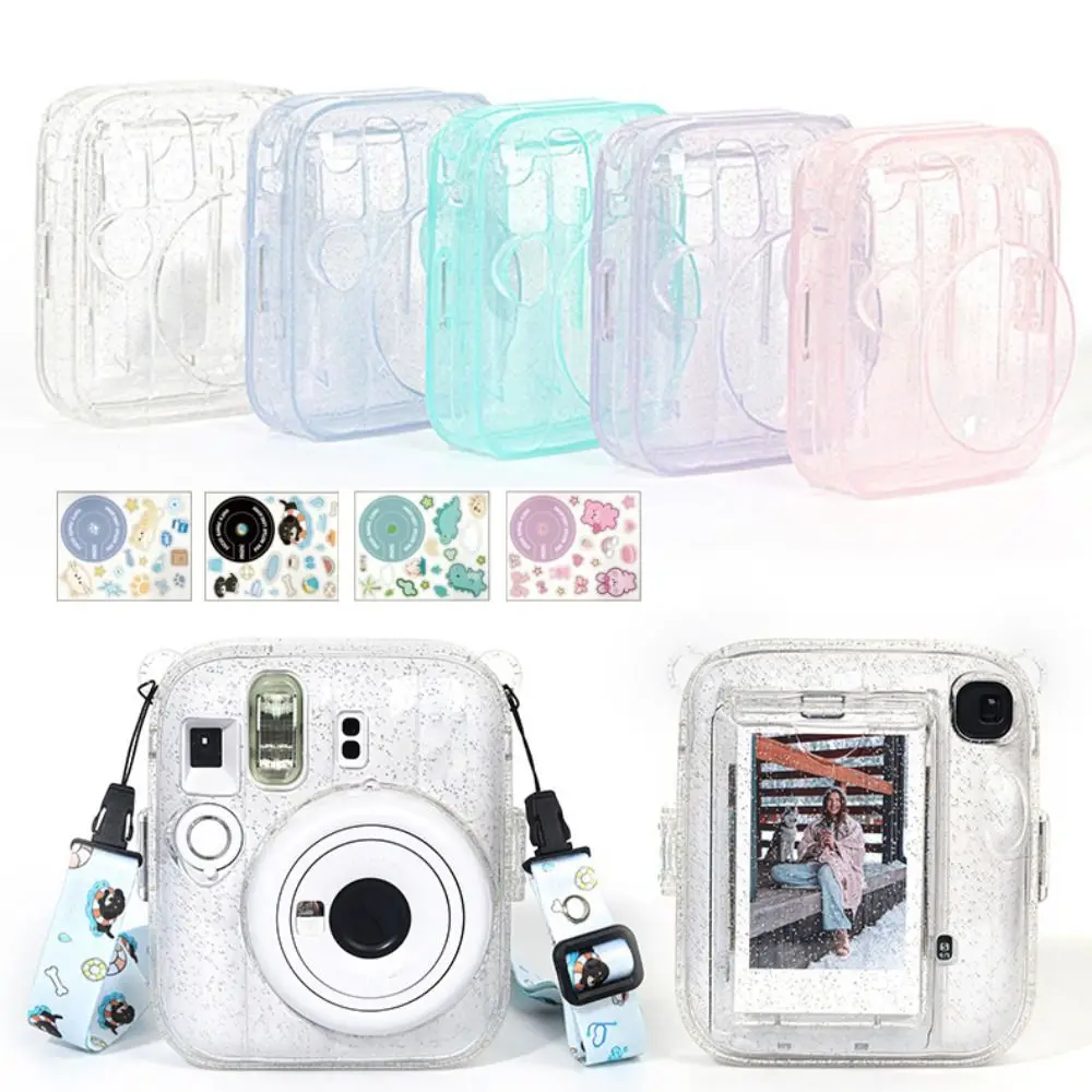 Translucent Glitter Instant Camera Case with Cartoon Sticker Adjustable Strap Photo Storage Shell for Fujifilm Instax Mini 13