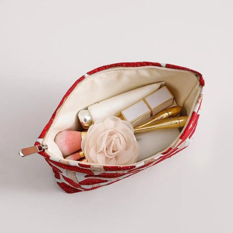New Retro Art Mushroom Jacquard Fabric Makeup Bag Women Zipper Square Pouch Clutch Cosmetic Travel Toiletry Bag view 3
