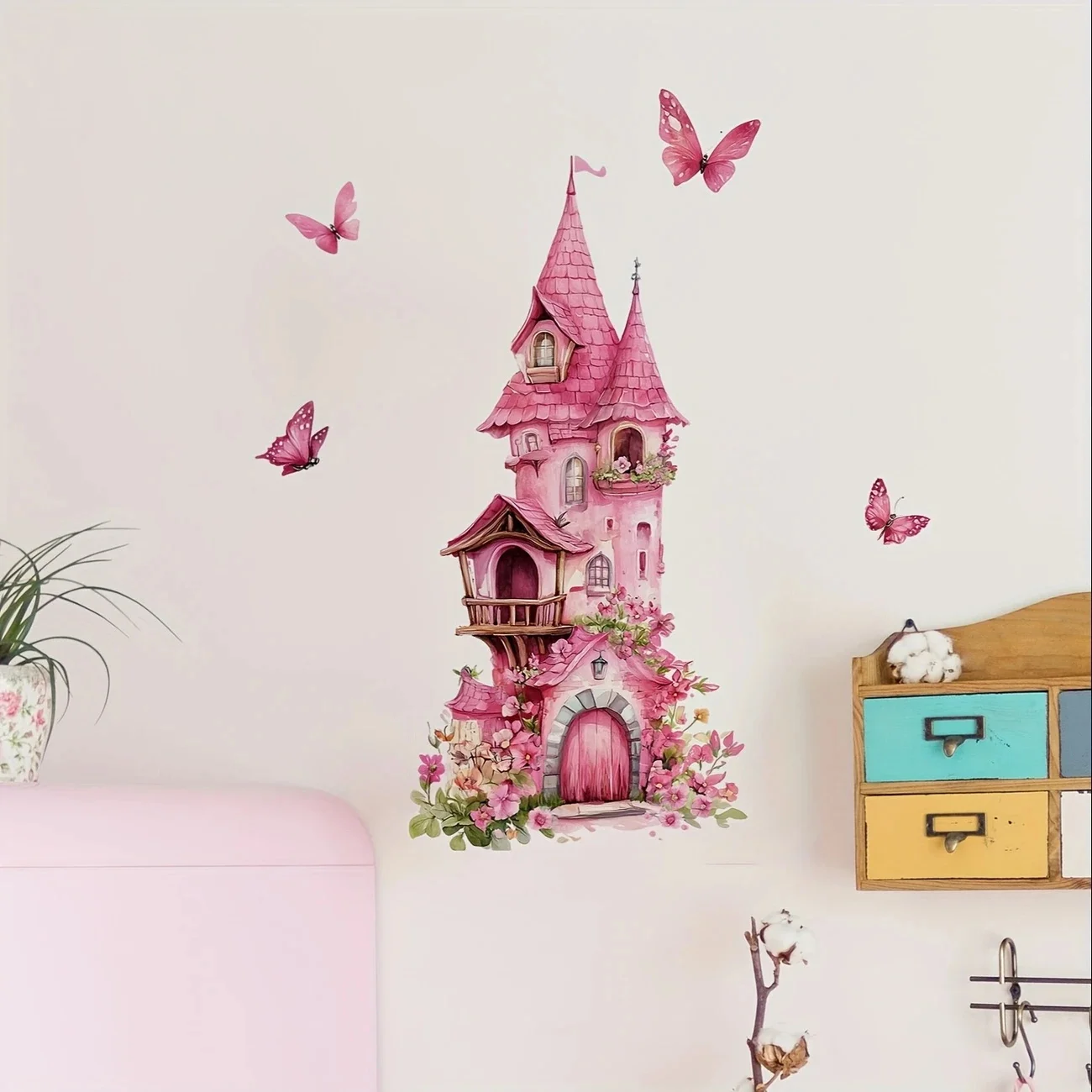 

MT1113# Flower Castle & Butterflies Wall Stickers, Art Deco Style, Self-Adhesive Decal for Girls Bedroom