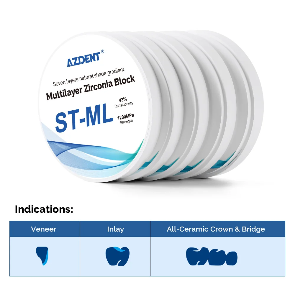 Azdent Dental ST-ML Multilayer Zirconia Blocks Dental Lab Material 98mm System CAD CAM Seven Layers Dentistry Tools