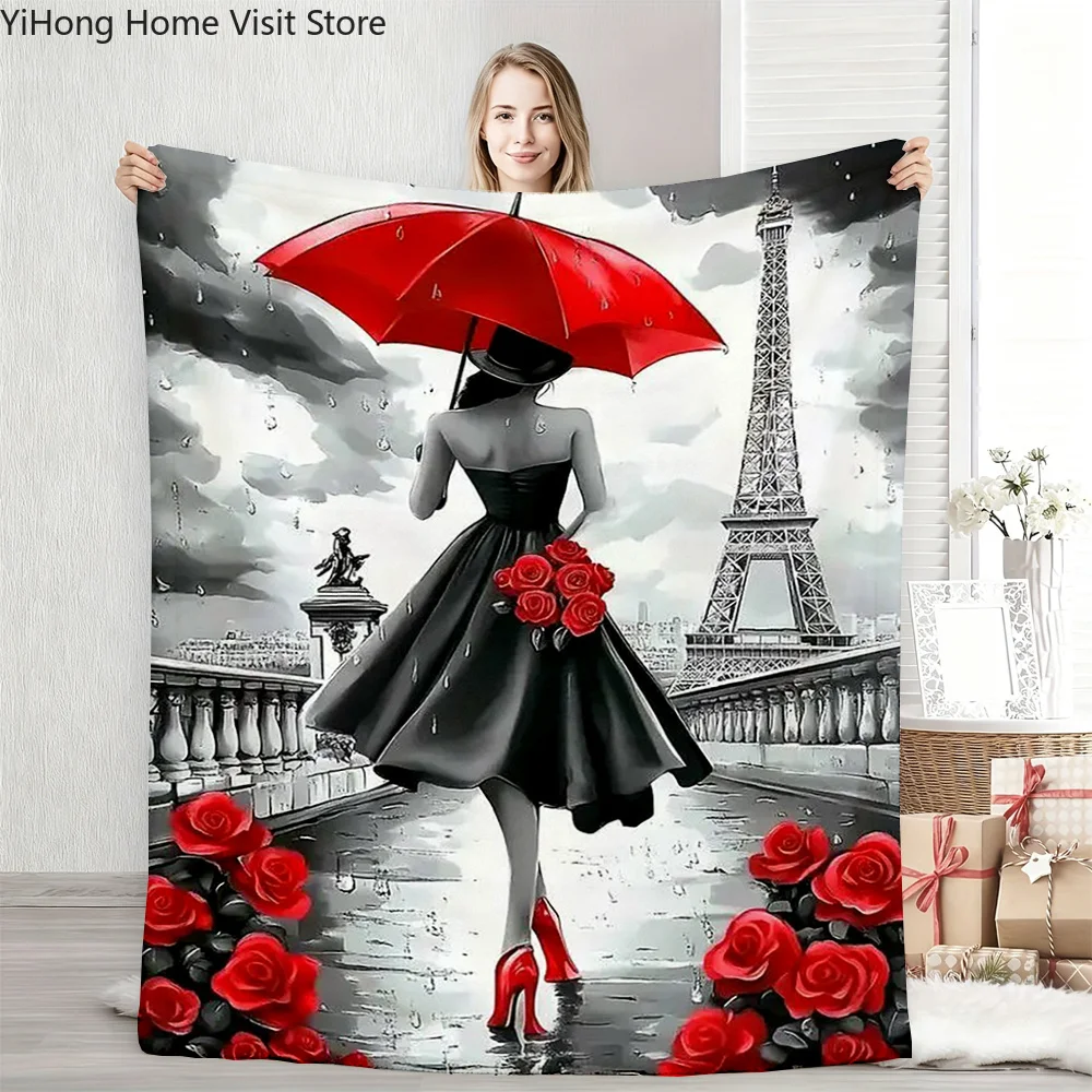 Woman Portrait Flower Tower Printed Blanket Picnic Blankets Warm Blanket Soft and Comfortable Blanket Home Travel Birthday Gift