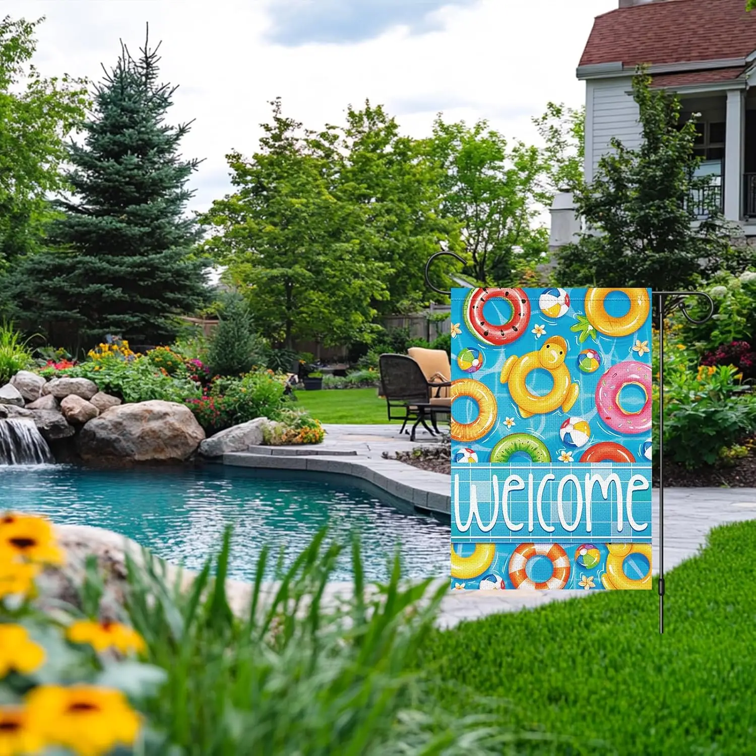 Louise Maelys Summer Welcome Garden Flag Swimming Ring Pool 12x18 Inch Double Sided Floral Small Burlap Holiday Yard Outdoor SSL view 3