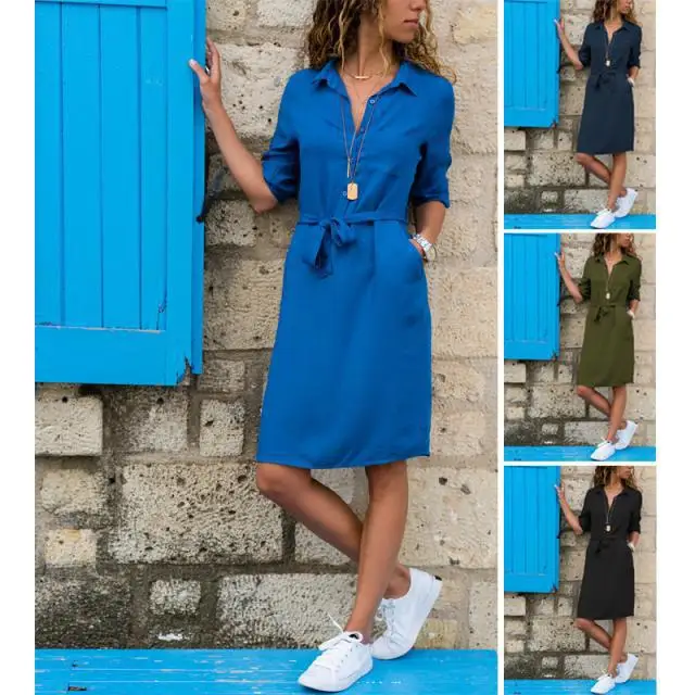 Vestido hasta la rodilla de manga tres cuartos para mujer, traje informal cómodo con solapa y tirantes de Color liso, primavera y otoño, novedad de 2024