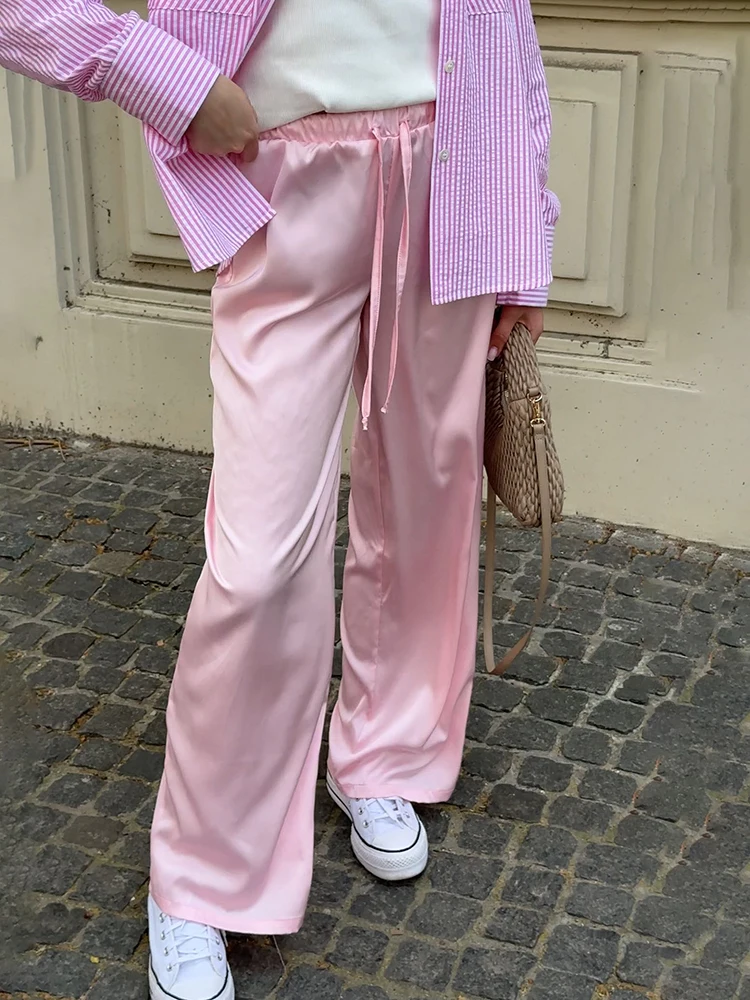 

JULISSA MO Satin High Waist Lace Up Women Trousers Pink Casual Basic Elastic Waist Drawstring Pant Lady Loose Elegant Streetwear