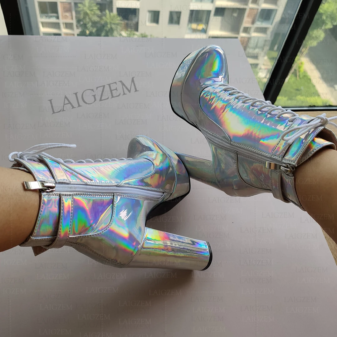 SEIIHEM Women Ankle Platform Boots Holographic Chunky Thick High Heels Short Booties Zip Up Shoes Woman Large Size 36 45 50 52