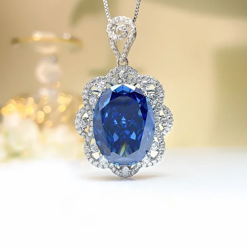 Desire Luxury Royal Blue Pigeon Egg Necklace Pendant Set with Radian Ice Cut 925 Sterling Silver