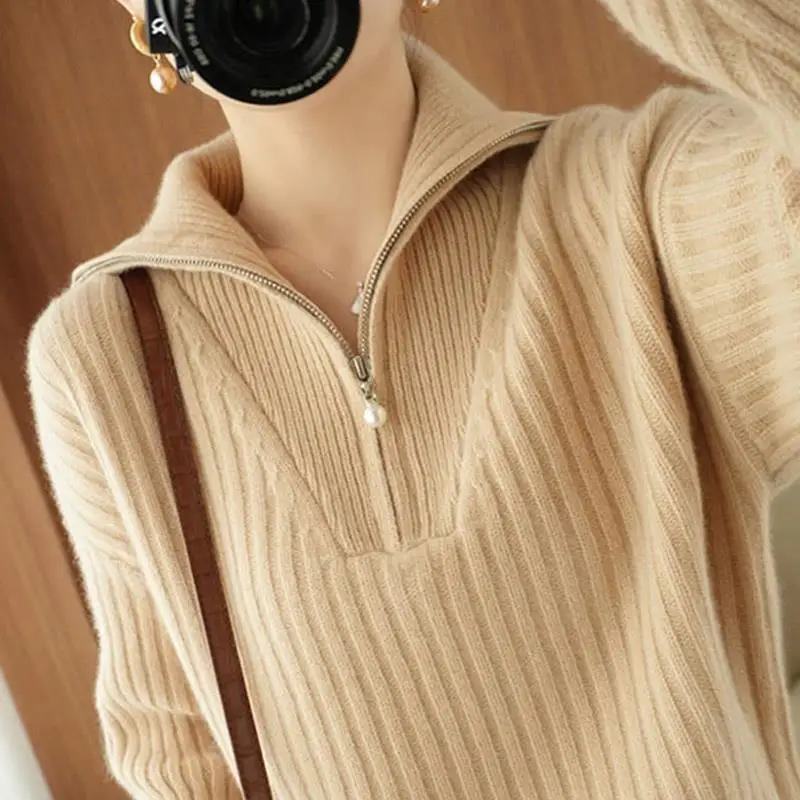 

Autumn and Winter Women's Solid Color Zipper Turn-down Collar Sweaters Fashion Casual Long Sleeve Knit Loose Pullovers Tops