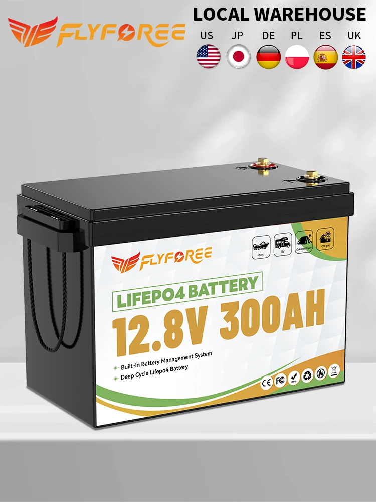 FLLYROWER 12 V 300 Ah LiFePO4-Lithium-Akku mit 200 A BMS-Energie-Tiefzyklen für netzunabhängige Wohnmobile, Solaranlage, Wohnmobil, Boot