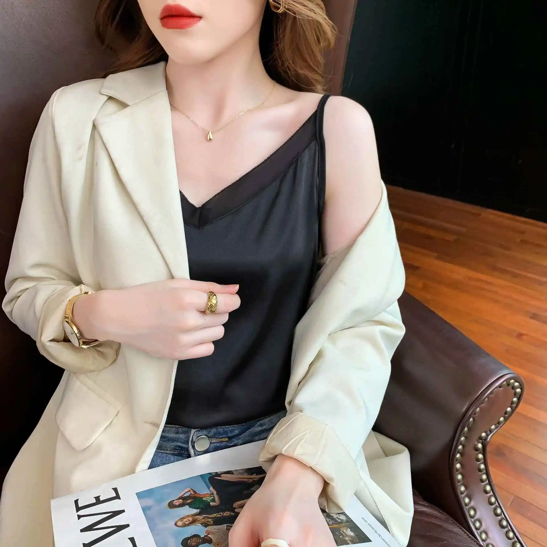 Canotta in seta Svel Capispalla sexy da donna Abito professionale semplice Partita interna Alla moda Lungo Sle Pendolarismo Vento Pelle