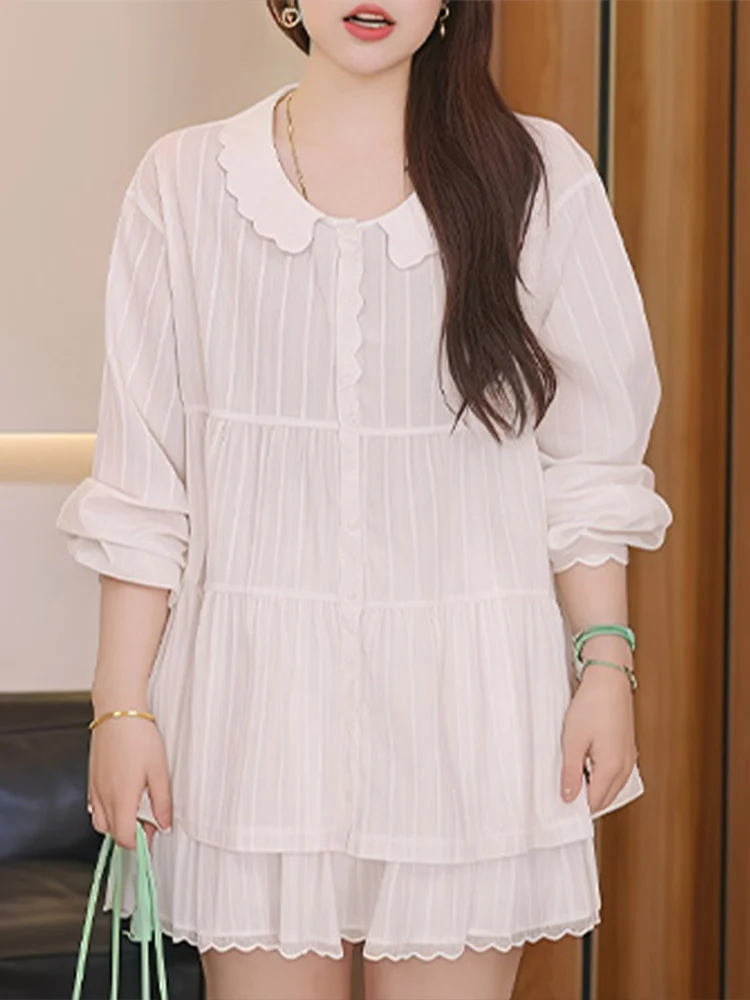 

Женская рубашка свободного кроя с милым воротником-стойкой, в вертикальную полоску, визуально удлиняющая силуэт, весенне-летняя, повседневная, в корейском стиле