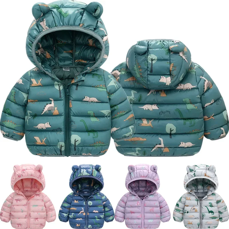 

1-5 Years Baby Boy Hooded Lightweight Down Jacket Kids Girl Cartoon Dinosaur Zipper Coats Autumn Winter Warm Christmas Outerwear