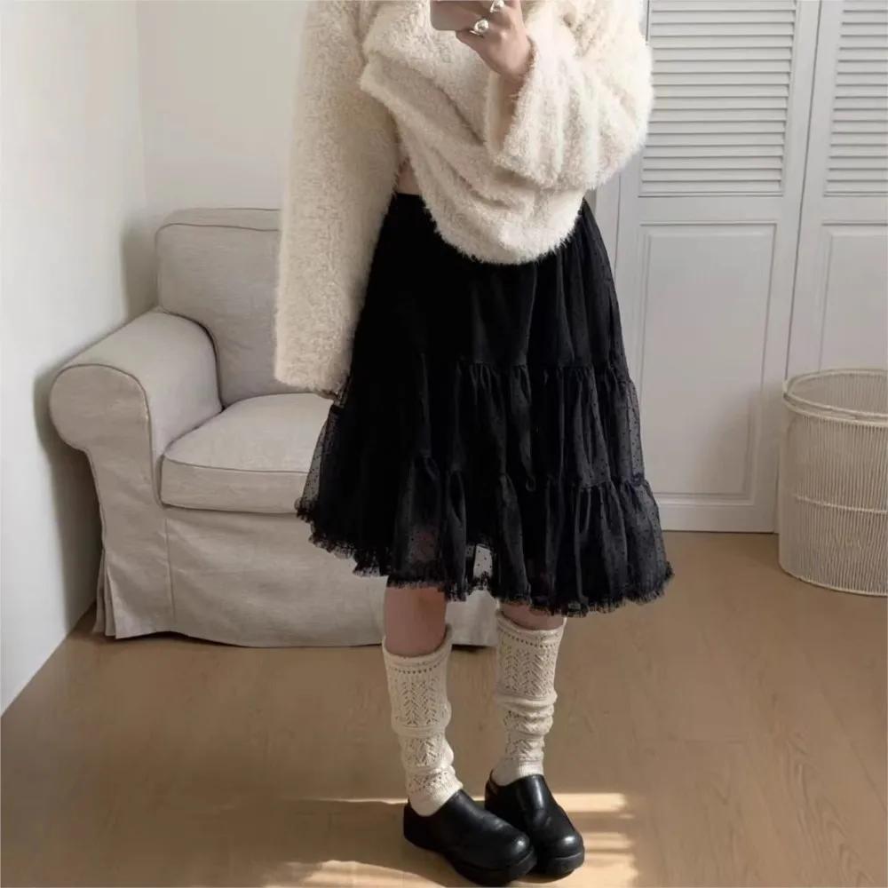 2026 Spring Cake Skirt A-line Skirts Fashion French Playful Fresh And Sweet Polka Dots Woman Clothing Irregular Mesh Solid Color