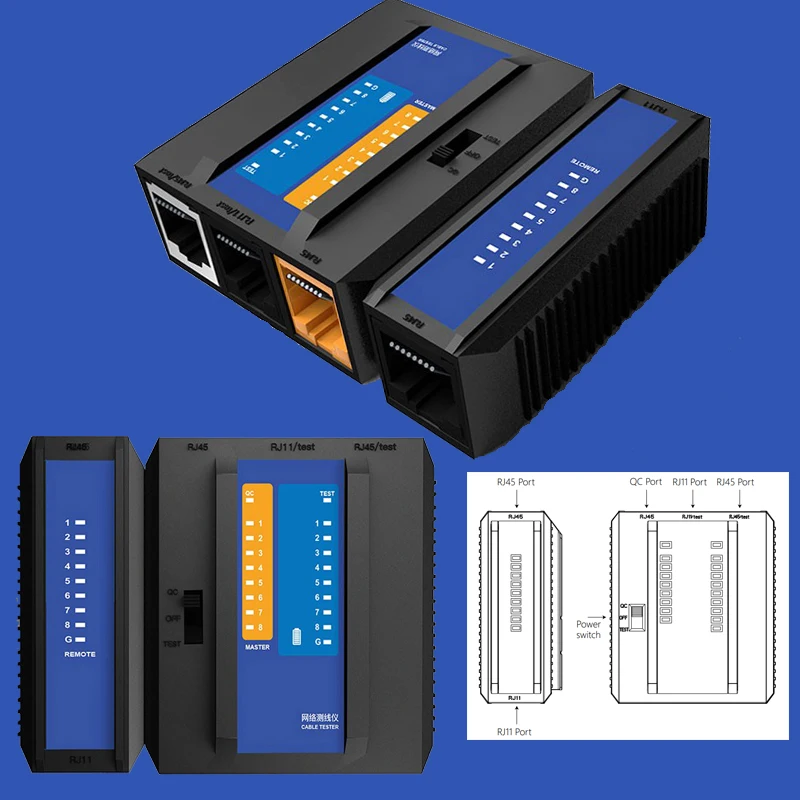 

Многофункциональный тестер кабеля RJ45, поддержка 8P/6P/4P, порт 3-RJ45 + 1 порт сетевого кабеля RJ11port, тестер телефонной линии, адаптер переключателя RJ45