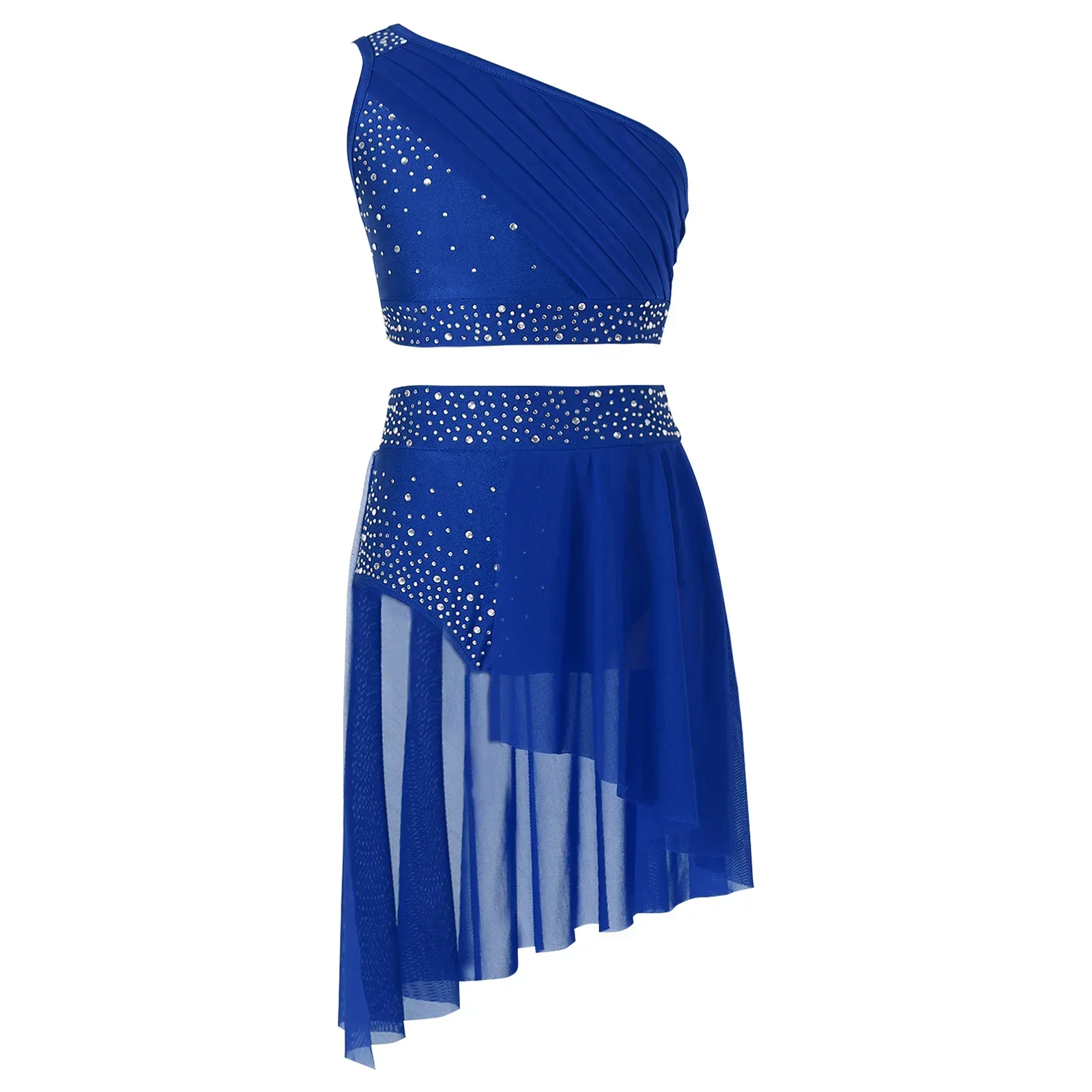 

Kids Girls Lyrical Dance Set Modern Contemporary Costumes Rhinestones Crop Top with Skirted Leotard 2-Piece Ballet Outfit