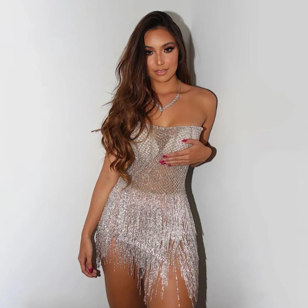 

Элегантное женское платье для осени и зимы, облегающее, сексуальное, асимметричное, с прозрачными вставками, бахромой, без бретелек, короткая юбка.