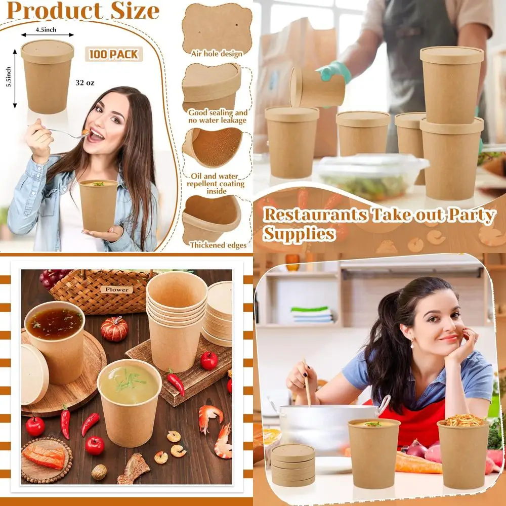 

Контейнеры для супа из коричневой бумаги на 32 унции с вентилируемыми крышками — безопасные для микроволновой печи и морозильной камеры, одноразовые для ресторанов и вечеринок