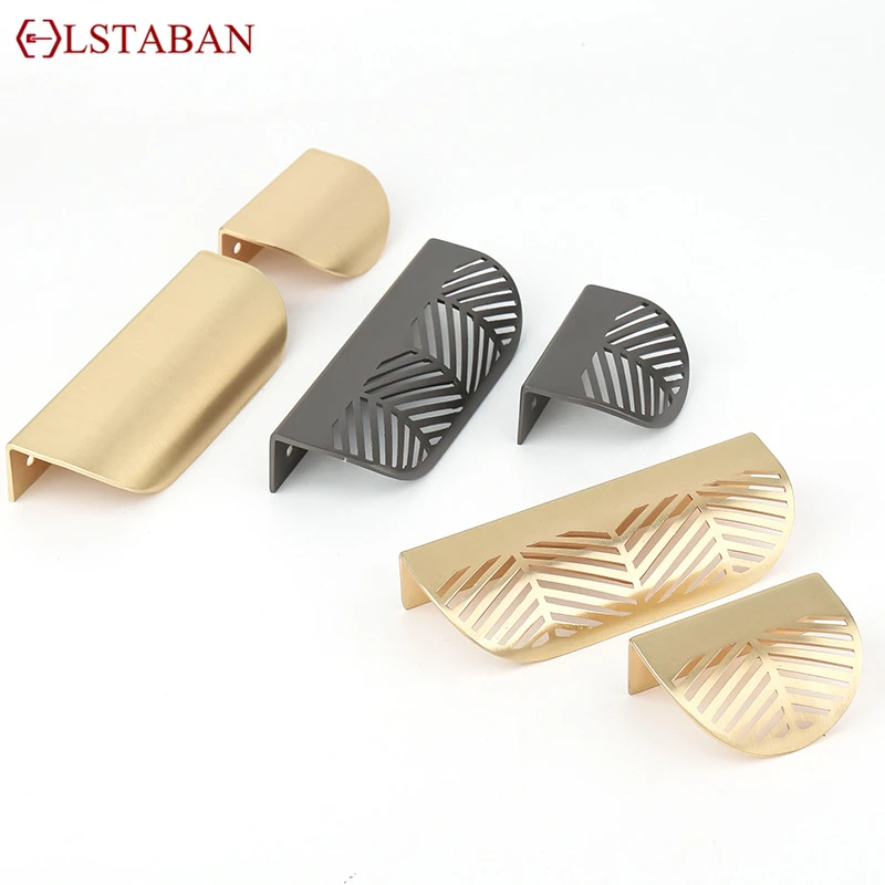 LSTABAN Leaf Shape Brass Gold Cabinet Pulls Furniture Hidden Handles Kitchen Door Handle Copper Cupboard Drawer Pull Knobs