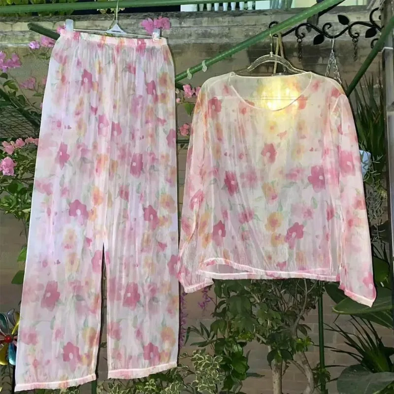 

Men Glossy Sexy See Through Pink flowers Tulle Tops Pants Pajamas Women Plus Size Silky Touch Erotic Sleepwear Trousers Set
