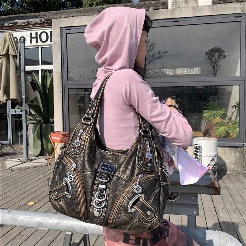 Fashion Y2k Punk Shoulder Bags for Cool Girls Large Capacity Gothic Motor Biker Handbags Streetwear Grunge Big Underarm Bag 2024