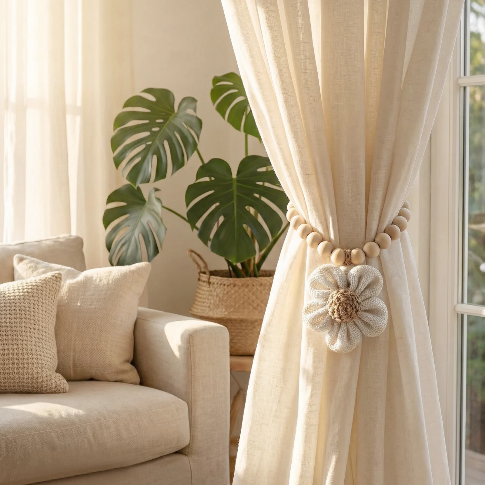 2 Pcs Lovely Flower Magnetic Curtain Tiebacks Holder for Bedroom Beige Classic Style Wooden Curtain Tie Backs Strap Clip Buckle
