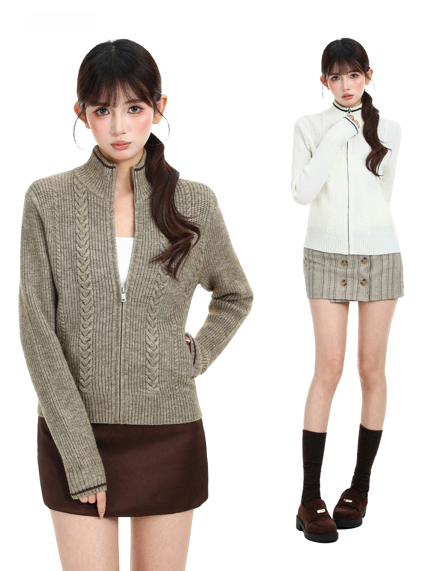 Women's Zipper Knitted Long Sleeve Sweater Coat Stand Collar Twist Flower Slim Fit Casual Style Fashion Outerwear for Autumn