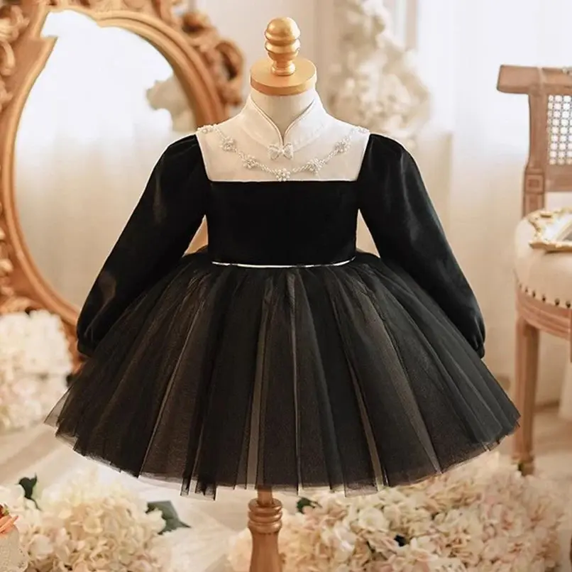 

1-8T Children's Black Velvet Birthday Party Gown Girl's Autumn Winter Beading Stand Collar Princess Dress Flower Girl Dresses