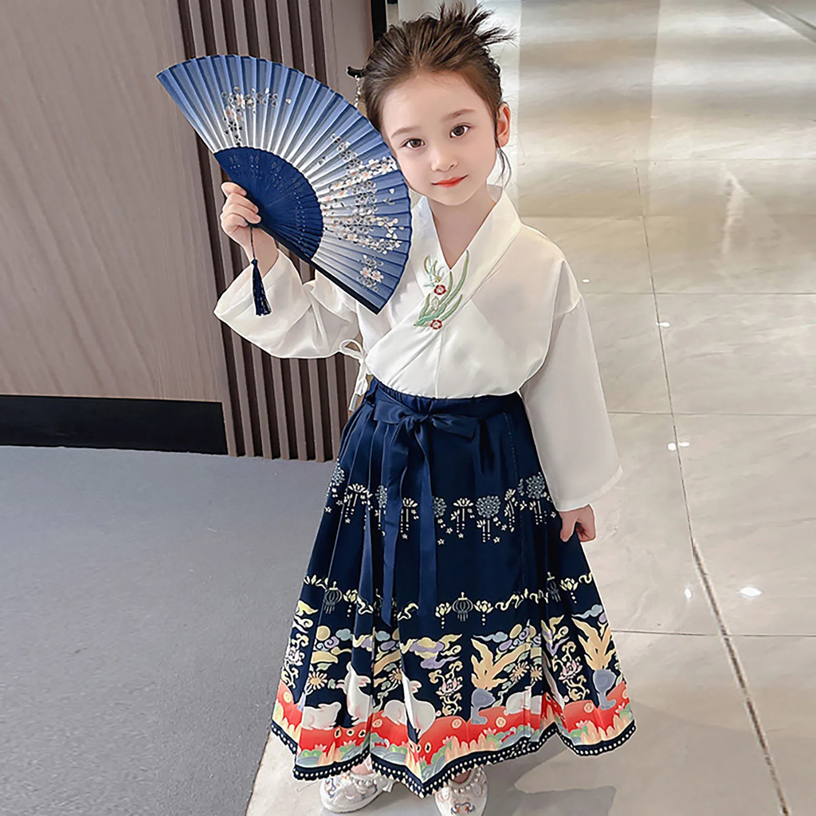 Vintage Boy And Girls Embroidered Hanfu Horse Face Skirt Shirt Skirt Set Chinese Traditional Clothing For Kids Birthday Gift