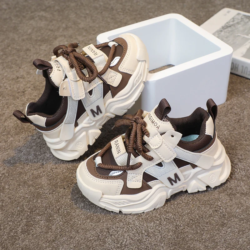 Soft Leather Autumn Children's Basketball Shoes, Boys' Casual Sports Shoes, Breathing Tennis Shoes, Patchwork Colors, 2025