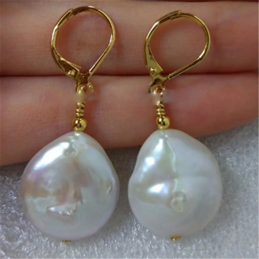 

14-15mm white Fresh water Baroque coin Pearl earrings Drop Gemstone Earbob Unisex Gold Diamond Modern